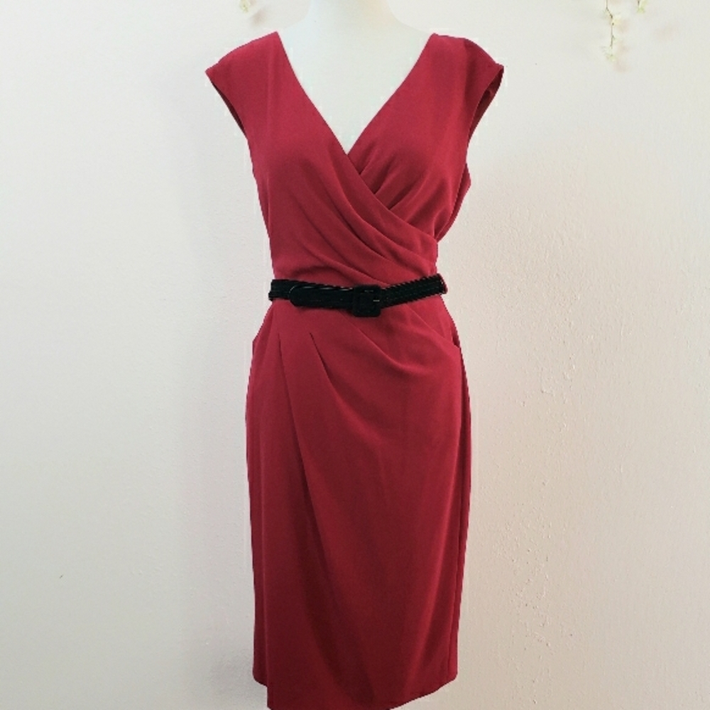 Elegant Red Midi Dress with Black Belt
